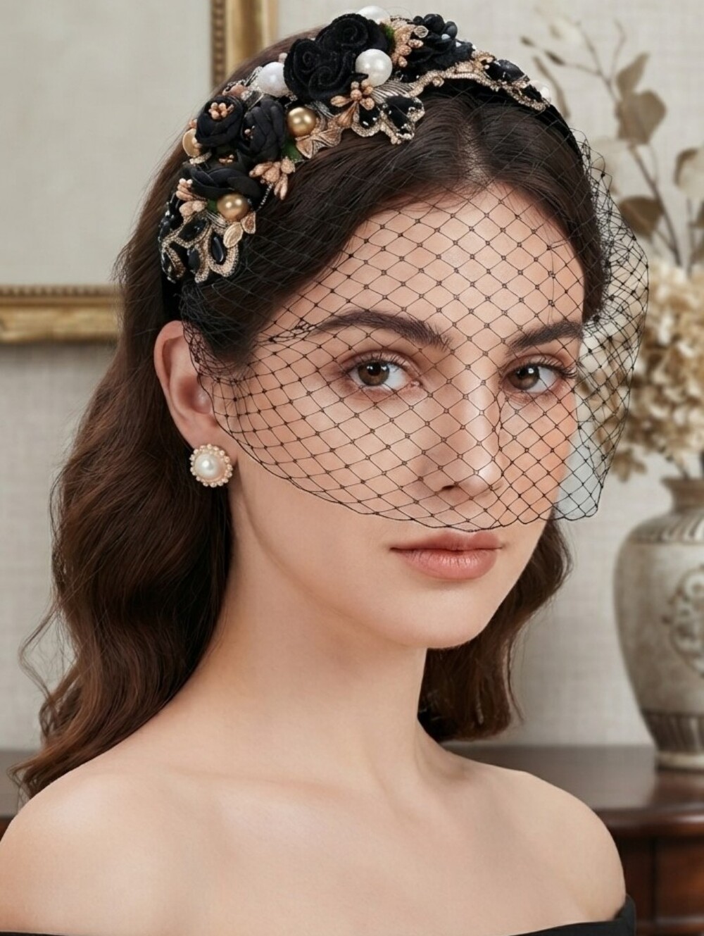 Black Birdcage Veil Headband Floral Pearl Mesh Fascinator Headpiece
